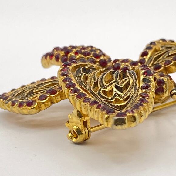 RARE 1940s VOGUE JEWELRY Butterfly Vintage Brooch Gold Tone Red Color Crystals - Picture 8 of 12
